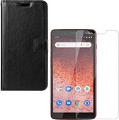 Nokia 1 Plus Portemonnee hoesje zwart met 2 stuks Glas Screen protector