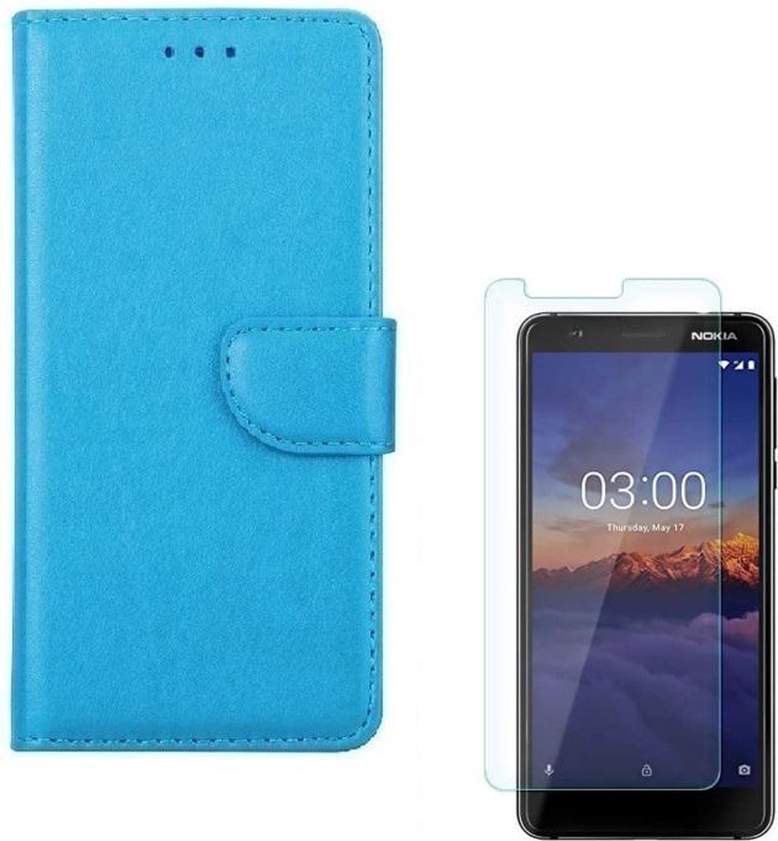 hoesje Geschikt voor: Nokia 3.1 Portemonnee Turquoise met 2 stuks Glas Screen protector