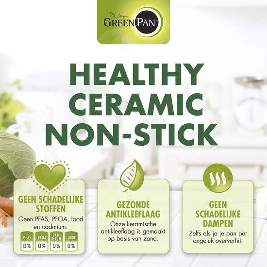 GreenPan logo en tekst 'HEALTHY CERAMIC NON-STICK'. Drie iconen met tekst over 'GEEN SCHADELIJKE STOFFEN', 'GEZONDE ANTIKLEEFLAAG' en 'GEEN SCHADELIJKE DAMPEN'.