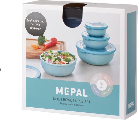 Emballage du set de 4 bols Mepal avec une salade.