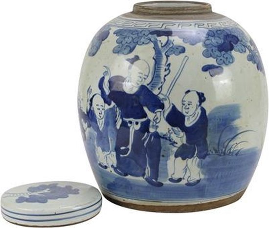 Witte pot met blauwe Chinese mannen en kinderen die spelen, deksel ernaast.