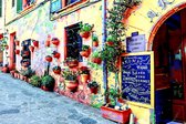JJ-Art (Canvas) 90x60 | Restaurant bar met bloemen en planten in Mallorca, Spanje in olieverf look - woonkamer | abstract, terracotta potten, eten, drinken | Foto-Schilderij print