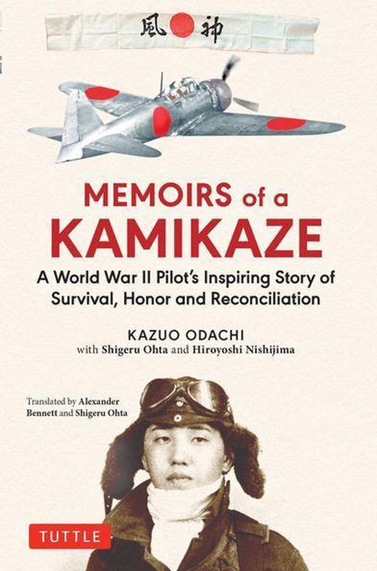 Boekomslag van "Memoirs of a Kamikaze" met een Japanse jager en een portret van een jonge piloot.