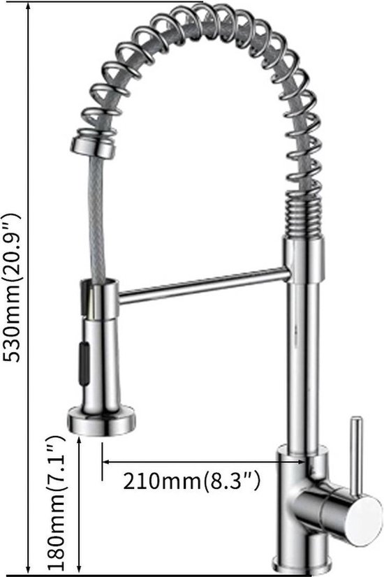 Zilverkleurige keukenkraan met flexibele slang en sproeikop, met afmetingen aangegeven in mm en inch.