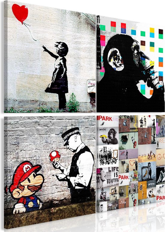 Schilderijen Op Canvas - Schilderij - Banksy Collage (4 Parts) 40x40 - Artgeist Schilderij