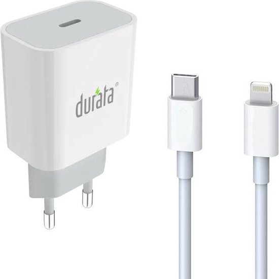 Durata adapter DR-75 met PD-poort 18W 3.0A Snellader Single-poort 18W oplader + USB-C naar Lightning kabel - Power Delivery oplader - Voor Apple iPhone