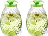 2x Groene glazen drank dispensers ananas 4,5 liter - Zeller - Keukenbenodigdheden - Zomers/tropisch tuinfeest decoratie - Dranken serveren - Drankdispensers - Dispensers voor o.a. sappen en l