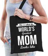 Worlds greatest MOM cadeau tasje zwart voor dames - Moederdag / verjaardag / kado tas / katoenen shopper voor moeders