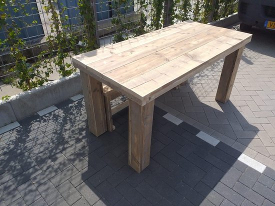 Table "Block leg" en bois d'échafaudage - Bois d'échafaudage d'occasion - 76 x180cm - Table de jardin en bois d'échafaudage - Table à manger en bois avec pieds robustes en blocs - Table robuste pour l'intérieur et l'extérieur -