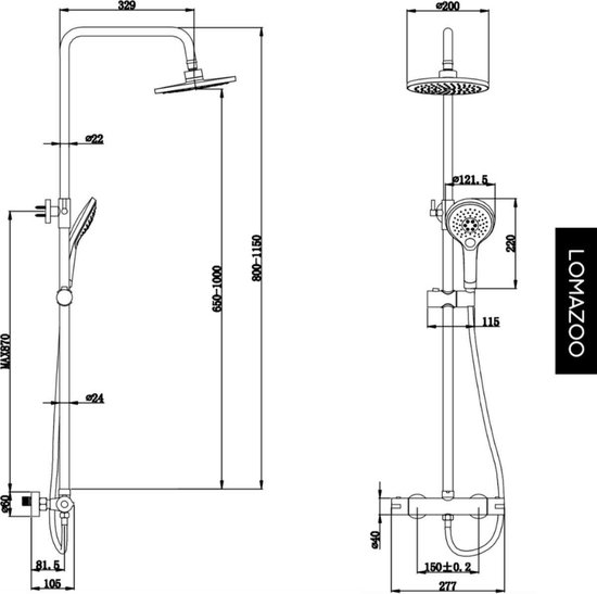 LOMAZOO Regendouche Met Thermostaatkraan - Doucheset Zwart - Regendoucheset - Zwart [COOPER]