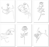 Graphic Message Schilderij op Canvas - Line Art Vrouw en Bloemen - Set van 6