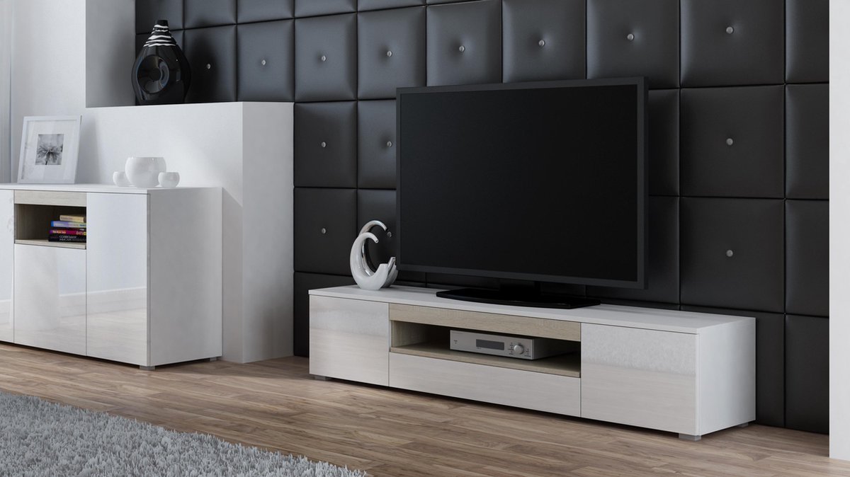 VIVA Zwevend TV Meubel - TV Kast - Hoogglans Wit / Sonoma Eiken - 180cm -  Modern Design | bol.com
