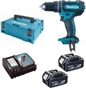Makita accuboormachine met koffer, lader en twee 18V 5.0Ah accu's.