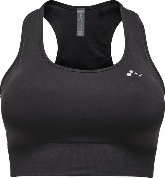 Zwarte sportbeha met racerback, klein zilverkleurig logo op de borst en brede elastische band.