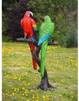 Tuinbeeld - bronzen beeld - 2 Gekleurde papegaaien op boomstam - 175 cm hoog
