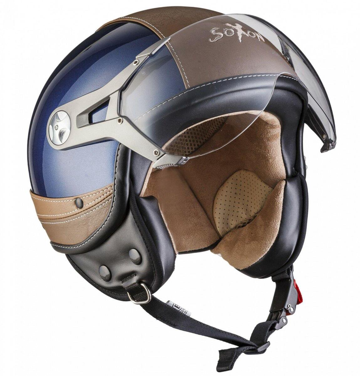 SOXON SP-326 Urban mat blauw jethelm S Small 55-56cm hoofdomtrek, met vizier, motorhelm, scooterhelm, open jet helm voor dames, heren voor motor en scooter