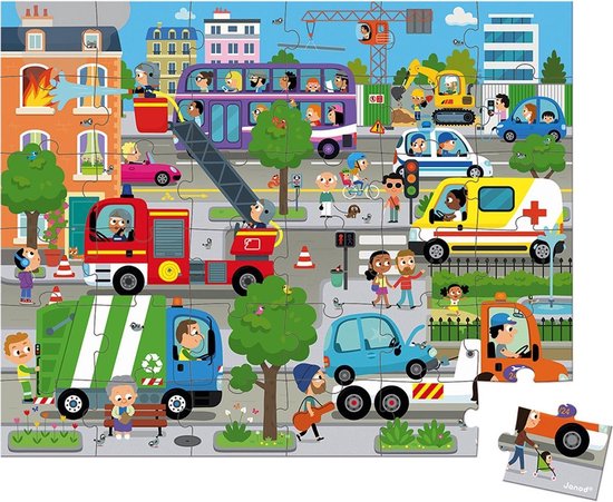Puzzle coloré de 36 pièces représentant une scène de ville animée avec un camion de pompiers, une ambulance, un camion poubelle, un bus et des véhicules de construction.