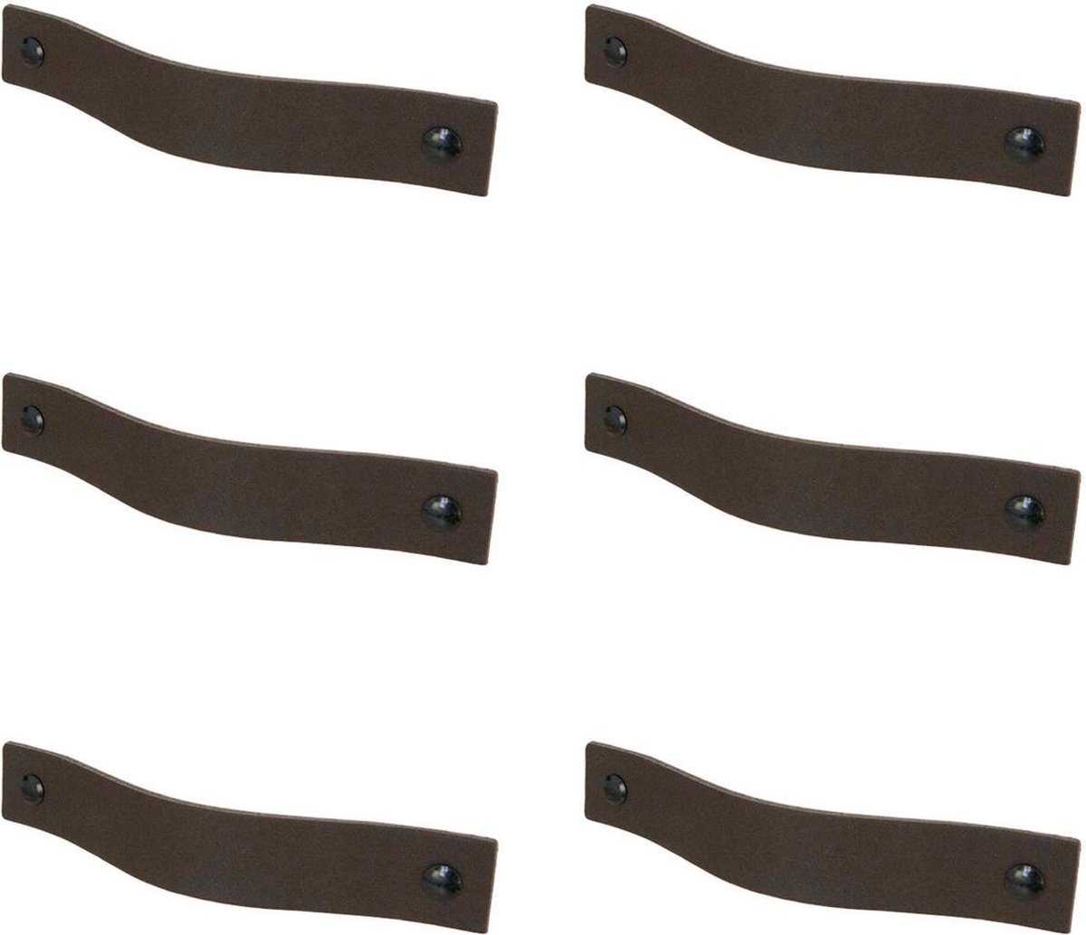 6x leren handgrepen 'platte greep' - maat M (19 x 2,5 cm) - DONKERBRUIN - incl. 3 kleuren schroefjes (handgreepjes - leren grepen - greepjes - leren lusjes)