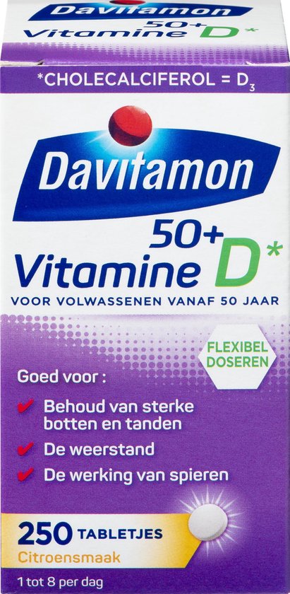 Davitamon Vitamine D 50+, 250 tabletjes met citroensmaak.