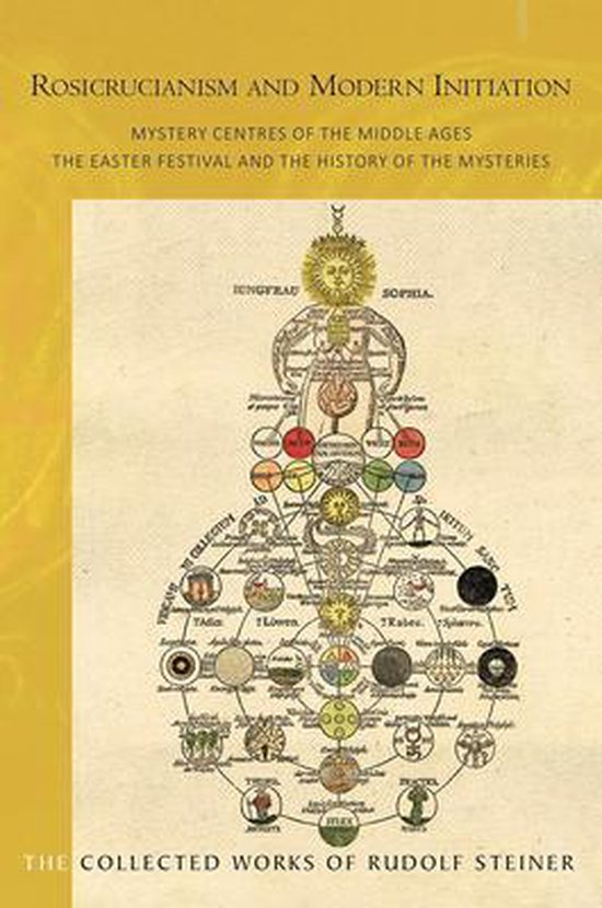 Couverture de livre avec le titre Rosicrucianism and Modern Initiation en jaune et blanc. Au centre, une image d'une structure arborescente complexe avec des symboles.