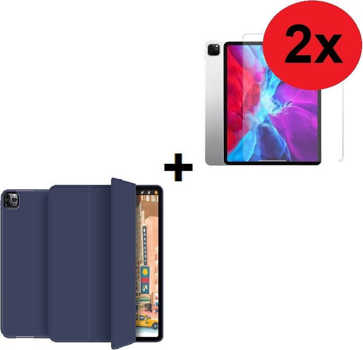 iPad Pro 11 (2020) hoes Tri fold book case hoesje TPU Back Cover met stand - donker blauw + 2X Tempered Gehard Glas / Glazen screenprotector (2 stuks)