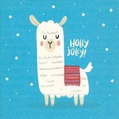 60x Lama/alpaca kerst servetten blauw 33 x 33 cm - Kerstontbijt tafeldecoratie servetjes - Kerst thema papieren tafeldecoraties