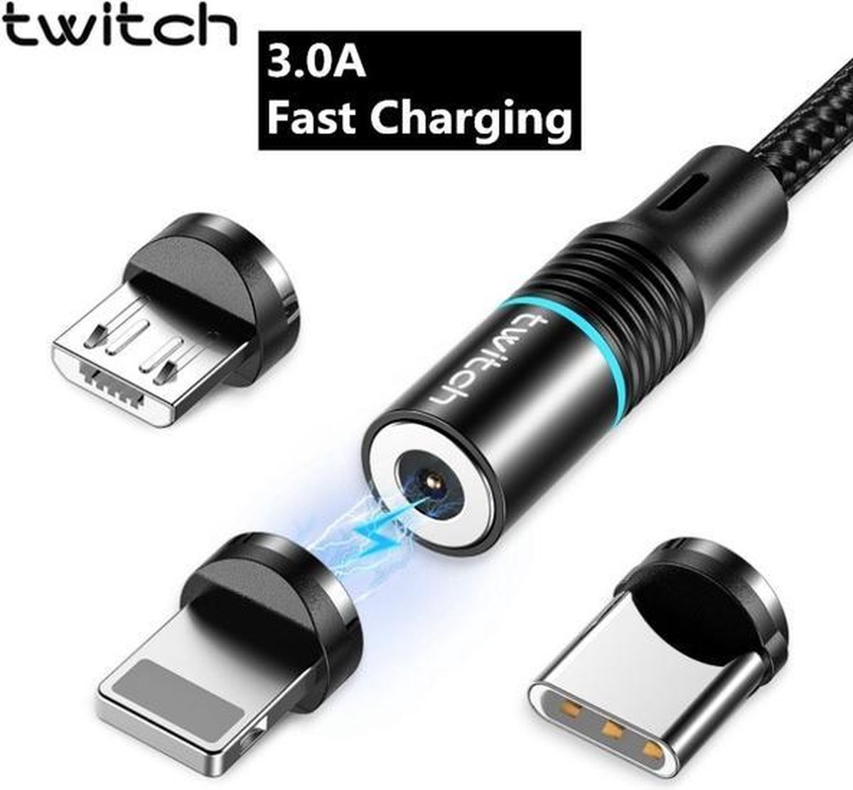 Image of 1m 3 in 1 USB naar Micro USB + 8-pins + USB-C / Type-C magnetische afneembare kabel, voor iPhone, Galaxy, Huawei, Xiaomi, HTC, Sony en andere smartphones (zwart)