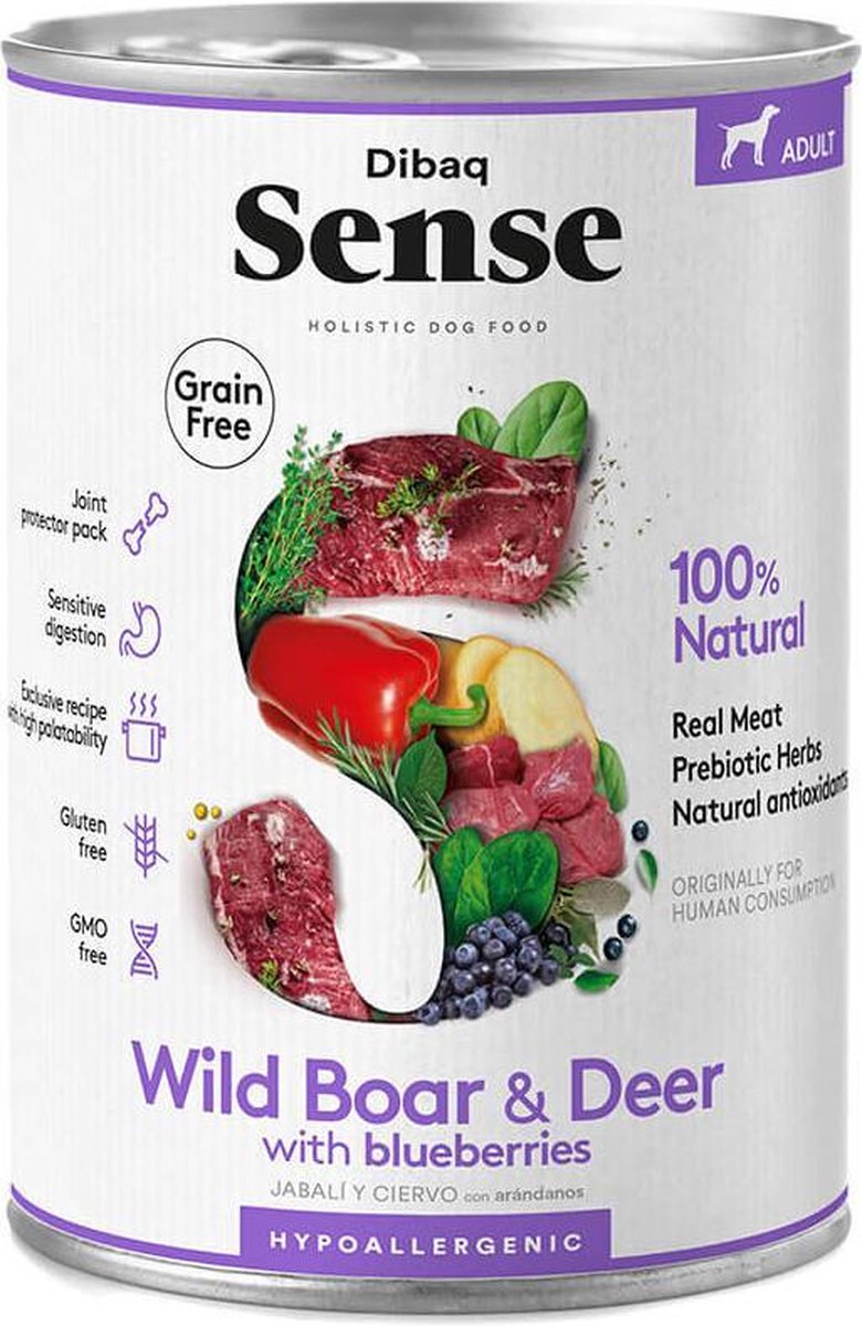 Dibaq Sense Dibaq Sense Holistische hondenvoeding met hert everzwijn en bosbessen tray 12 stuks