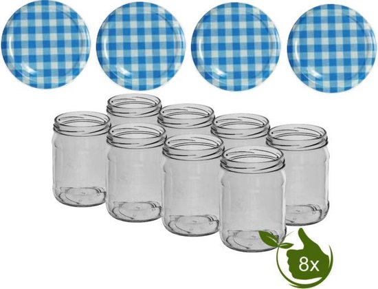 Glazenpotten - glazen potten - inmaak 500 ml met twist-off deksel (Blauw/Wit) 8 stuks