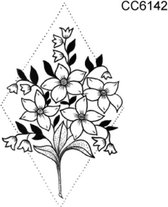 Temporary tattoo | tijdelijke tattoo | fake tattoo | zwarte lijntekening bloemen in een gestipte ruit | 60 x 60 mm