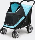 Schuine vooraanzicht van een zwarte hondenbuggy met turquoise accenten en InnoPet logo. Mesh venster aan de zijkant.
