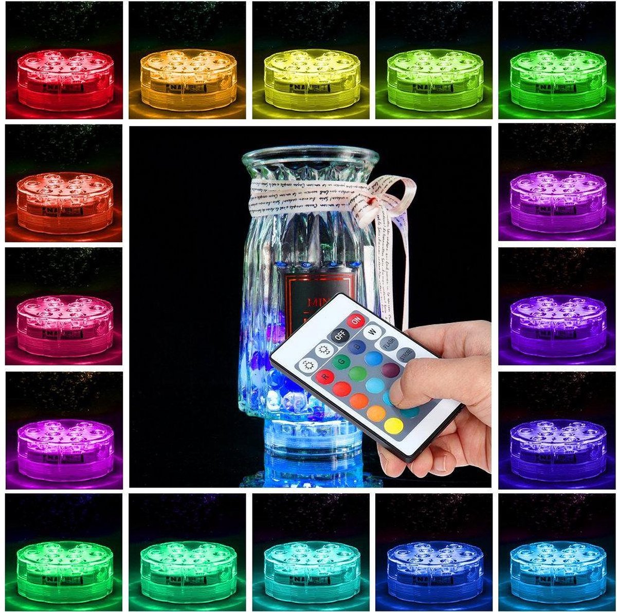Aoreun Onderwater LED-Licht – 4 Stuks, 16 RGB-modussen, IP68 Waterdicht, Met Afstandsbediening, Voor Zwembad, Vijver, Feest, 13 LED-kralen
