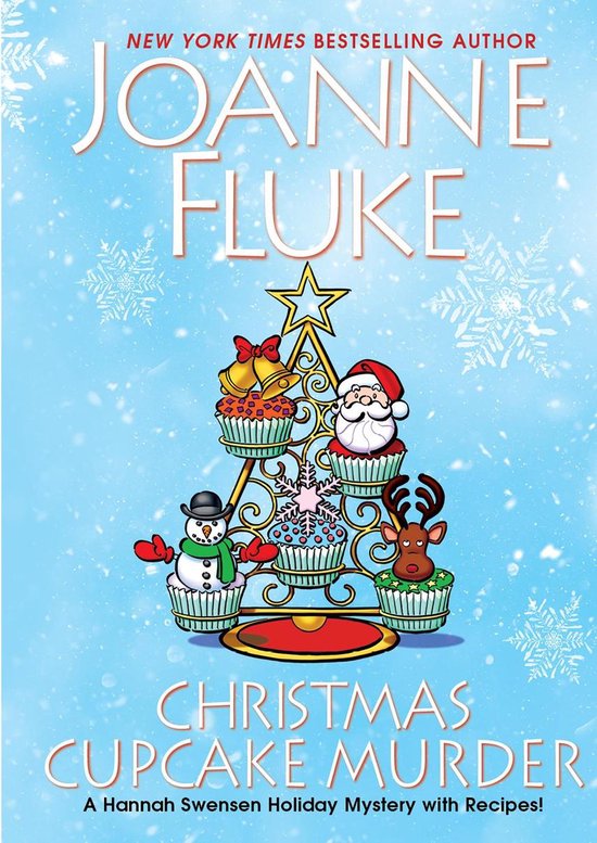 Couverture du livre "Christmas Cupcake Murder" de Joanne Fluke. Un sapin de Noël décoré de cupcakes, du Père Noël, d'un renne, d'un bonhomme de neige et de cloches.