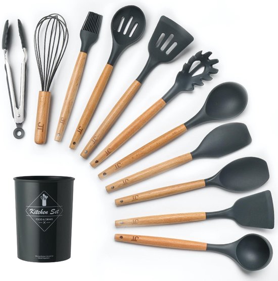 Bol Com Jt Products 12 Delige Kookgerei Set Van Hout En Siliconen Inclusief Houder Bpa