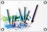 Tuinposter –Blauwe Geslepen Potloden – 150x100 Foto op Tuinposter (wanddecoratie voor buiten en binnen)