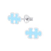 Joy|S - Zilveren puzzel oorbellen glitter blauw puzzelstukje