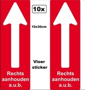 10x Corona Vloermarkering sticker rechts aanhouden 10x30cm - Corona stickers vloer sticker winkel bedrijf sport COVID-19