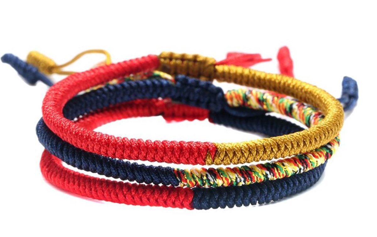 Premium handgeknoopte Tibetaanse armband - Set van 3 - Half Rood, Half Geel, Half blauw, Multi Kleur