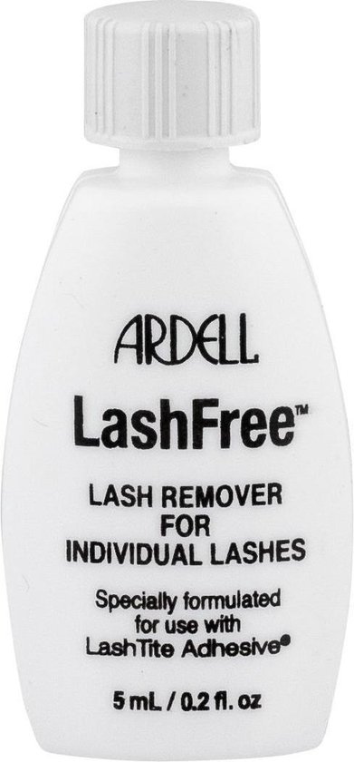 Witte fles met rode tekst: Ardell LashFree Lash Remover voor individuele wimpers, 5ml / 0.2 fl oz.
