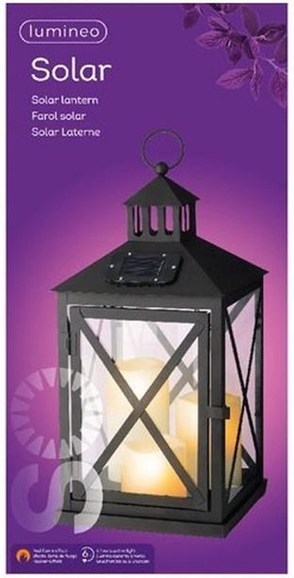 Zwarte metalen solar LED licht lantaarn met kaars 41 cm - Tuindecoratie zwart... | bol.com