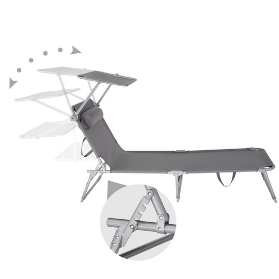 tectake® - ligstoel, robuust, verstelbaar, stalen onderstel met zonnescherm, 4-standen rugleuning inclusief hoofdkussen, strandstoel Ideaal voor tuin, zwembad, camping - grijs - Merkloos