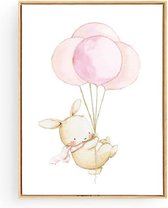 Postercity - Design Canvas Poster Konijntje met Ballonnen / Kinderkamer / Dieren Poster / Babykamer - Kinderposter / Babyshower Cadeau / Muurdecoratie / 50 x 40cm