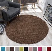 Shaggy Hoogpolig Rond vloerkleed Donker Bruin Effen Tapijt Carpet - 200 x 200 cm