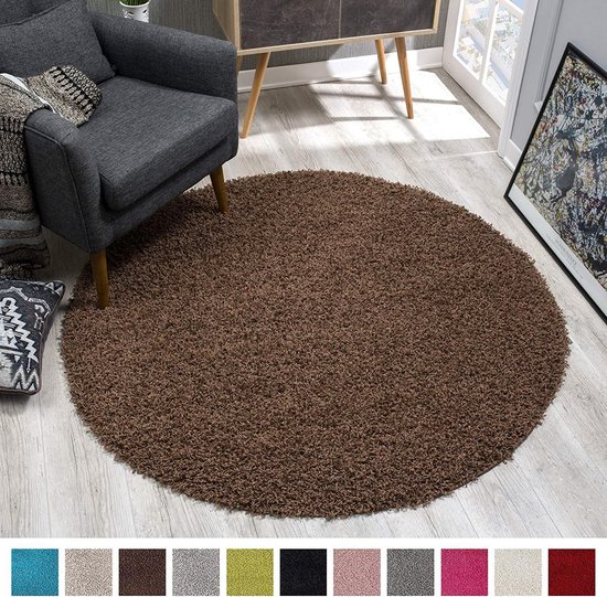 Shaggy Hoogpolig Rond vloerkleed Donker Bruin Effen Tapijt Carpet - 200 x  200 cm | bol.com