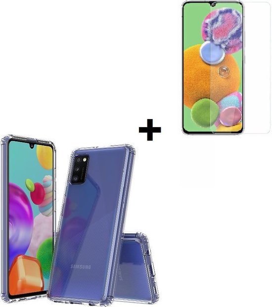 Geschikt voor Samsung Galaxy A41 hoes TPU Silicone Case hoesje met versterkte randen Transparant + Screenprotector Tempered Gehard Glas Pearlycase