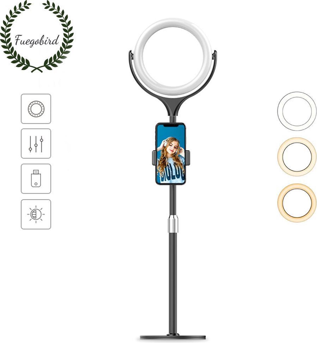 Fuegobird Bureaublad Schoonheid Ringlamp - 20cm - 40 cm hoog（verstelbaar） - USB - TikTok - Ringlight - flitser - Ring lamp - Vlog - Make-up light - Studiolamp (Zwart)