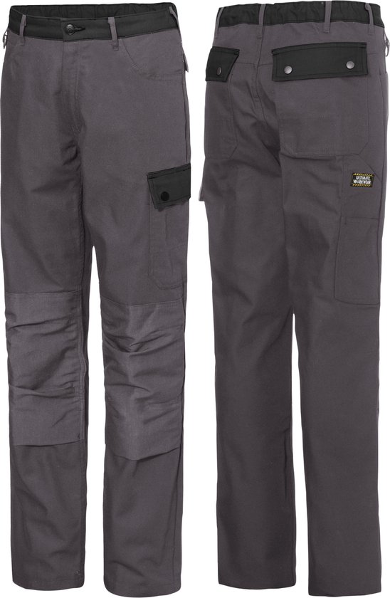 Voorkant en achterkant van een grijze werkbroek met zwarte accenten op de zakken en knieën.