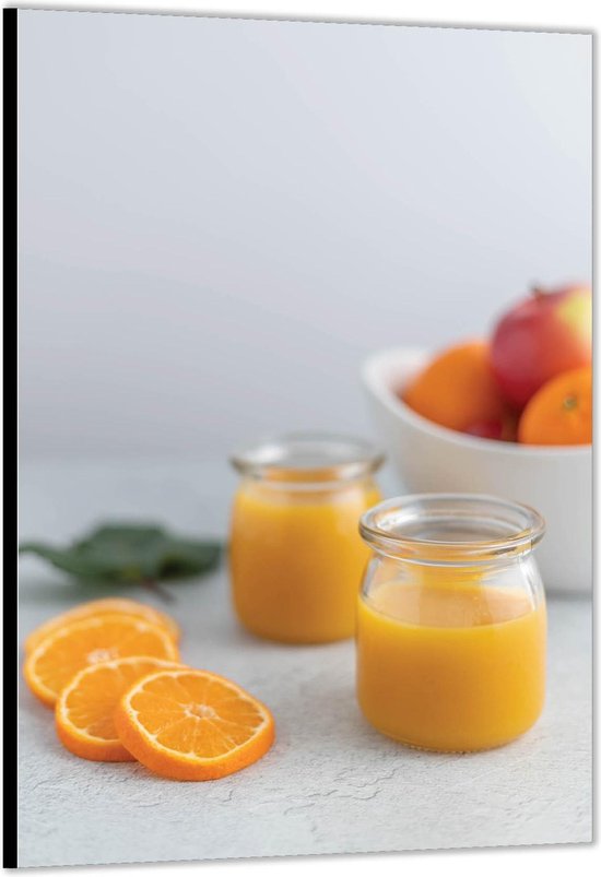 Dibond -Sinaasappelsap met Fruitschaal- Foto op Aluminium (Met Ophangsysteem)