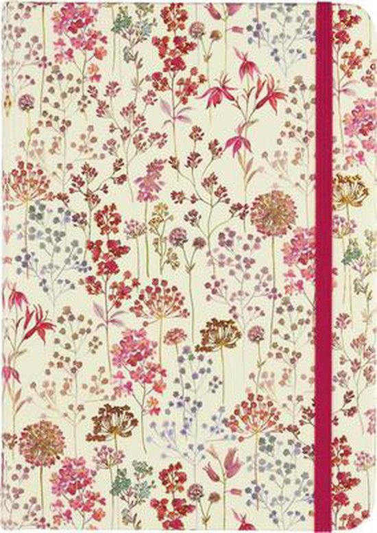 Crèmekleurig notitieboek met een levendige bloemenprint in rood-, roze- en paars tinten, met een bijpassende rode elastische sluiting.