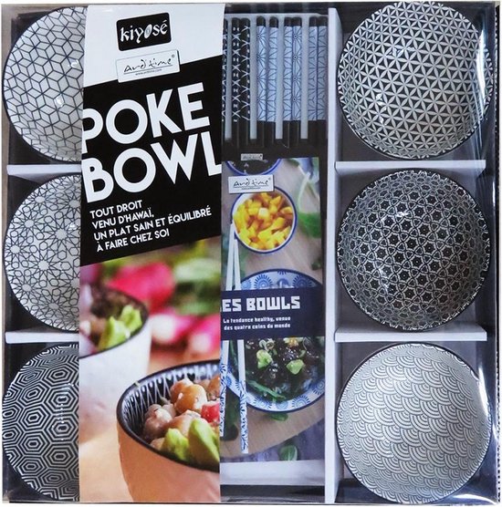 Poke Bowl set met 6 kommen + 6 paar eetstokjes - Ø11 cm - zwart / wit | bol